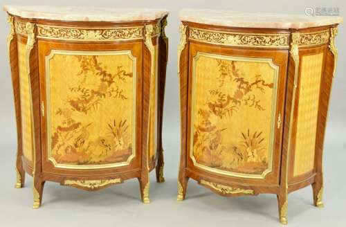 Pair of Louis XV Style Inlaid Cabinets, ormolu mounts