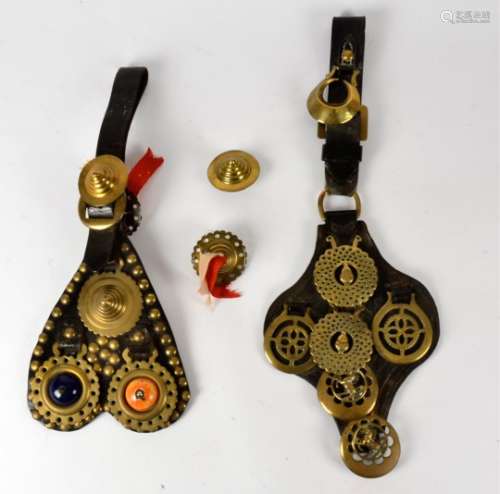 Two decorative horse brass breast plates, one with coloured breast plate, length 66cm and 52cm (2)