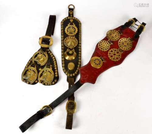Three large martingales horse brass straps, one celebrating the crowning of Edward VII in 1902 and