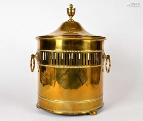 A large twin handled brass fire bucket, with urn finial, height 47cm, together with a small