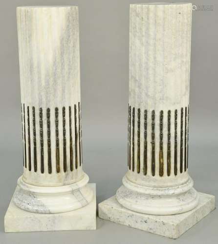 Pair of White Marble Pedestal, column style with brass