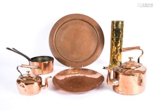 A collection of metalware to include copper mounted andirons, copper pans, copper kettles, a