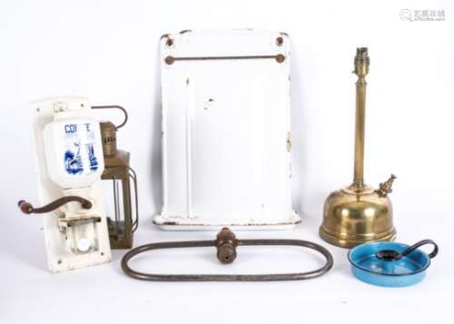 A group of metalware items, to include a brass lamp base from the Tilley Lamp Co Hendon, a lantern
