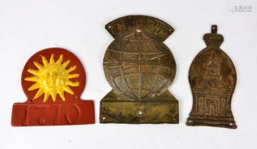 Three antique fire marks and wall plaques, consisting of a Cast Iron Fire Mark Insurance Plaque with