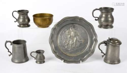 A collection of 19th & 20th Century pewter and metalware, including a flagon by James Dixon &