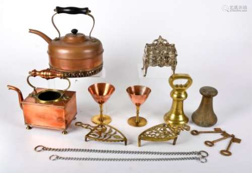 A collection of 19th & 20th Century metalware, including two copper kettles, four bi-metal wine