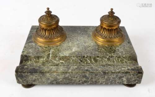 An 1820's or early 19th Century inkstand, on green marble base, with two ink compartments with