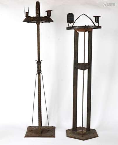 A pair of Arts & Crafts smokers stands, one on a hexagonal base, the other on a square base, with