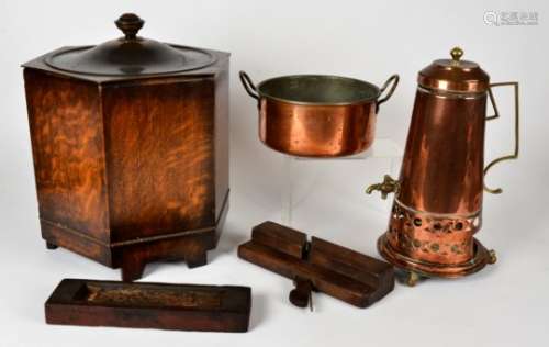 A collection of preserve pans, an Art Deco hall lantern, an Art Deco oak and copper coal box and