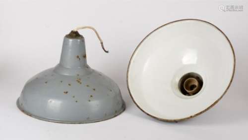 A pair of grey enamel mid Century industrial lampshades, 40.5cm diameter x 30cm high