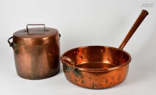 A large copper preserve pan, with applied angle poise handle, 70cm max wide, together with a