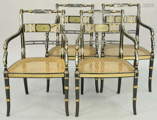 Set of Four Regency Style Open Armchairs, having gilt