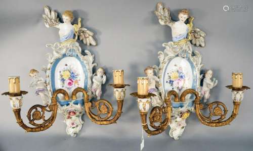 Pair of German Porcelain and Bronze Two Light Sconces,