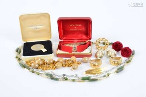 A collection of costume jewellery and coins, including cufflinks, necklaces, earrings, brooches, a