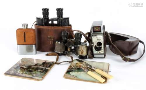 A mixed lot of collectables, including three pairs of binoculars, two cased one not, a Bell and