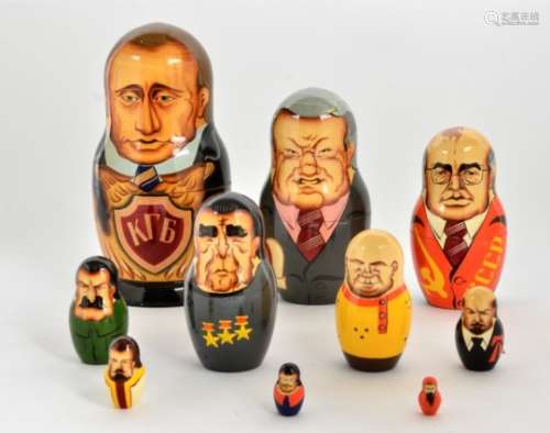 Russian Matryoshka nesting dolls of political figures, featuring Putin and Yeltsin, Stalin, Lenin,