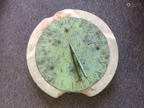 A 20th Century copper sundial top, with Roman numerals, mounted on a circular stone base AF large