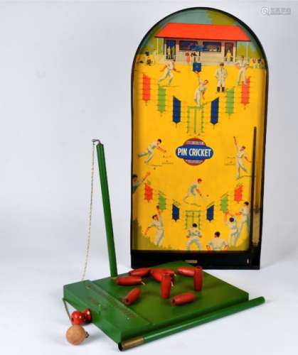 A vintage skittle and bagatelle game, St Michael Pin Cricket', length of bagatelle 76cm (2)