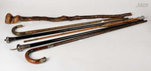 A collection of silver topped walking canes, a split cane fishing rod, a horn handled cane and