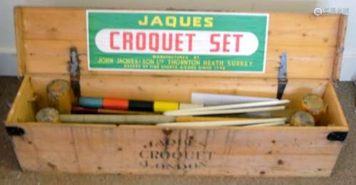 A Jacques croquet set, in pine box with four mallets, hoops, balls and markers, box 110cm