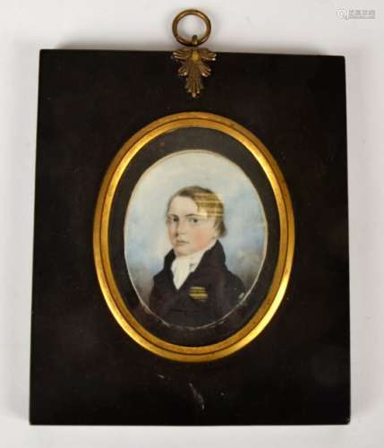A 19th Century portrait miniature, of a young man in black coat, with white neckerchief, the reverse