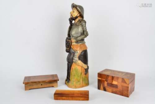 A small quantity of treen boxes, to include a Sorrento ware olive wood musical example, a similar
