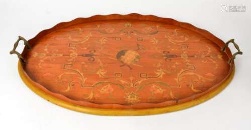 A large twin handled inlaid wooden tray, the centre with a depiction of a globe on stand and various