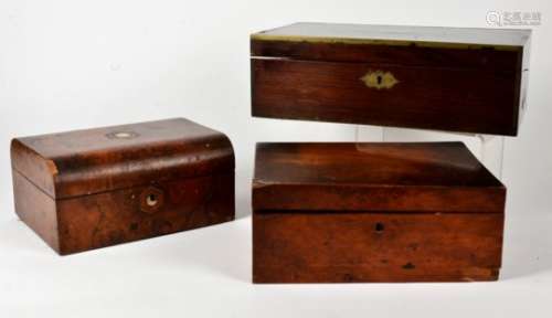 A 19th Century rosewood writing slope, brass bound (af) together with a mahogany and a walnut box (