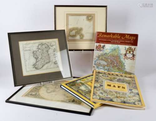 Three books on the subject of cartography together with three framed antique map prints, the