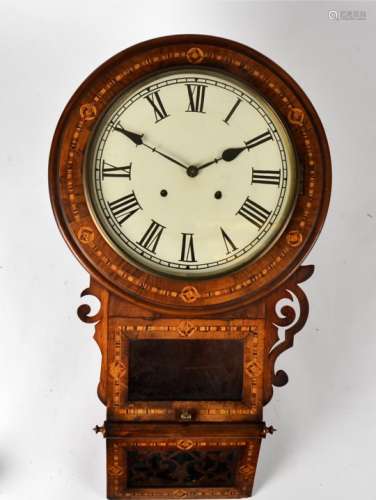 A Victorian drop dial wall clock, the enamelled dial with Roman numerals, the exterior with inlaid