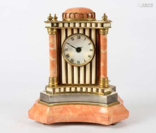 A pink marble and white metal clock, of architectural form, raised on four feet, the enamel dial