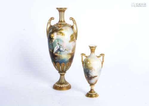 Two Worcester vases with hand painted scenes of birds by the waterside, in the Imari pattern,