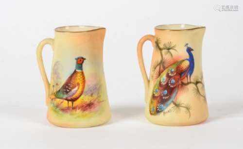 A pair of Locke & Co Worcester miniature jugs, hand decorated by H.Wall, one of a peacock, the other