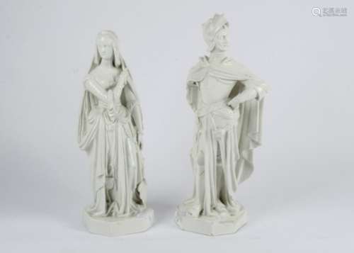 A pair of Jacob-Petit French porcelain figures, modelled as a knight and woman in traditional attire