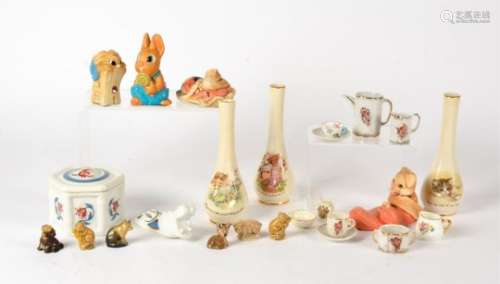 A small collection of miniature items including child's teaset, A Goss Basin and vase, Worcester