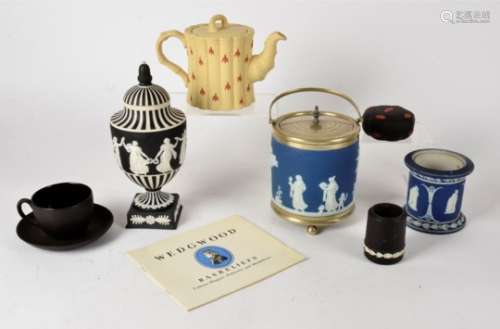 A small collection of Wedgwood ceramics, including a cane ware teapot simulating bamboo, height 13.