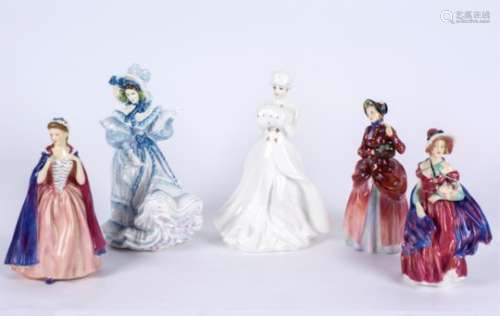 Five Royal Doulton Figurines, consisting of 'Lady April', 'Bess', 'Rowena', 'Forget-Me-Nots' and '