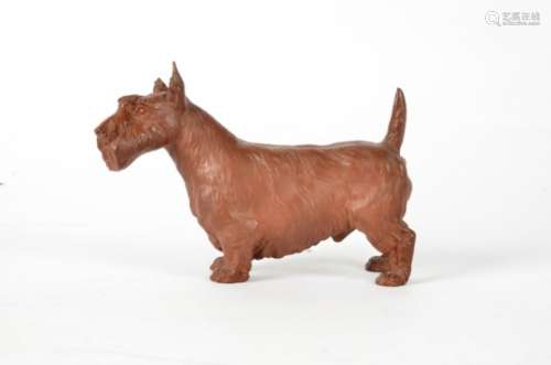 A Meissen terracotta study of a Scotty dog, the Scottish terrier with upright tail and low hanging