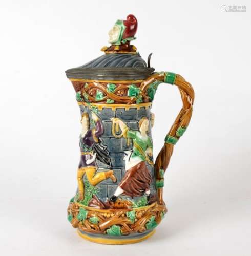 A Minton majolica tankard or beer stein, the lid mounted with pewter, the design with historical