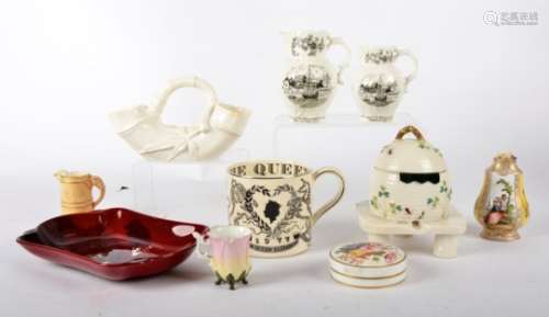 A group of British, Irish and continental ceramics, to include a Belleek honey pot with typical
