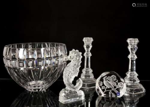 A collection of glassware to include Tiffany & Co candlestick holders, height 20cm, Stuart crystal