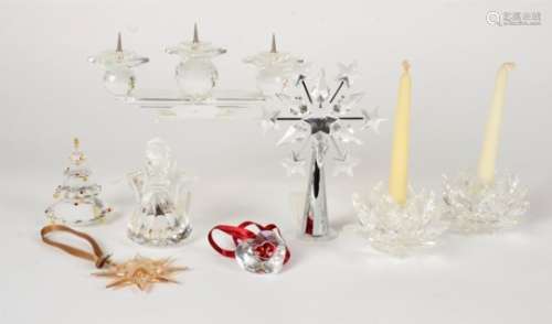 A group of Christmas and Winter themed Swarovski crystal glass ornaments, to include a Christmas