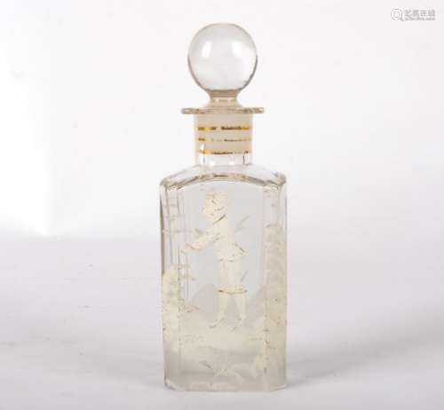 A Mary Gregory glass scent bottle, with painted figural study, gilt bordered collar and globular