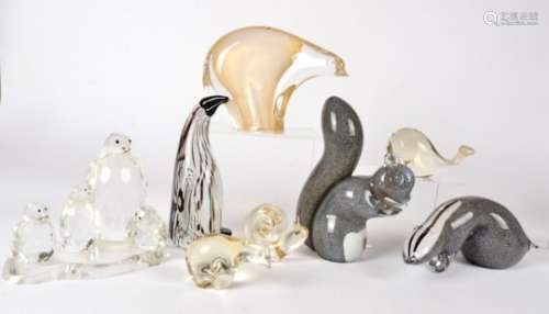 A collection of glass animals, including a penguin and chick 19cm high, a Lancel of Paris model of a