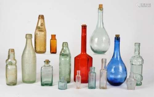 A collection of green glass cobb bottles, including three Jones Brothers Oxford decorated with