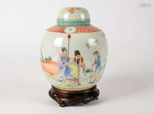 A Chinese ginger jar and cover, likely late Qing dynasty, with over glaze enamel decoration, the