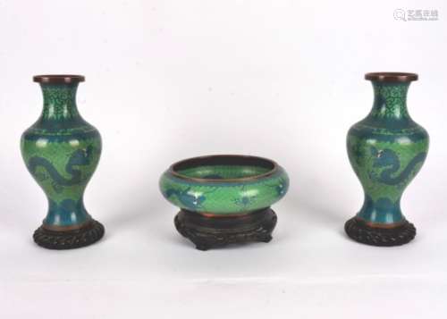 A pair of Chinese Cloisonné vases, together with a bowl, all with a pattern formed with ruyi sceptre