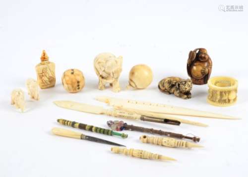 Several antique ivory elephant carvings, tallest 4.5cm, together with a double gourd shaped