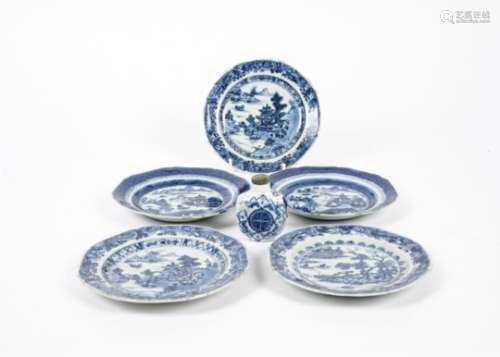 Two near pairs of octagonal blue and white Chinese export plates, together with another similar,