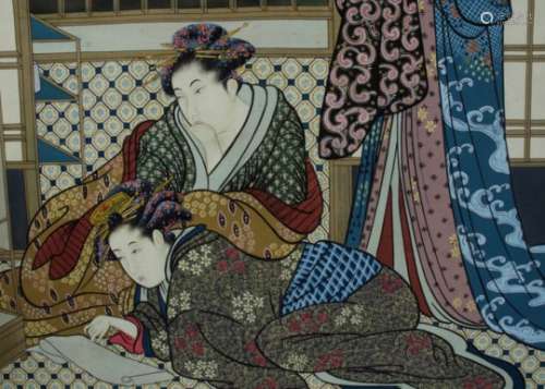 Manner of 18th Century Japanese school gouache on linen, a study of three women in a typical